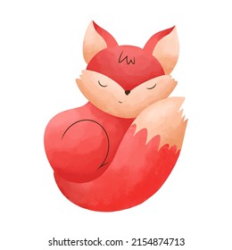 Cute little fox is sleeping curled up in a ball. Vector illustration in a watercolor style isolated on a white background.