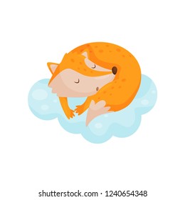 Cute little fox sleeping on a cloud, lovely animal cartoon character, good night design element, sweet dreams vector Illustration