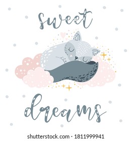Cute little fox sleeping on clouds. Sweet dreams. Childish print. Can be used for poster, card, t-shirt, clothing, baby shower celebration etc. Pastel colors, adorable wild animal. Nursery poster.