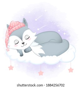 Pequeño Fox dormido en la nube dibujos a mano dibujos animados de la ilustración de la acuarela animal