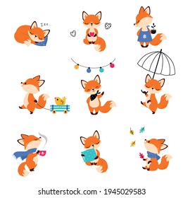 Cute Little Fox Sleeping on Pillow, Walking with Umbrella and Waving Paw Vector Set