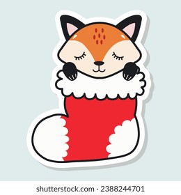 Cute little fox sleeps in a Christmas stocking. Happy Holidays. Winter animal. Christmas sticker. Vector illustration.