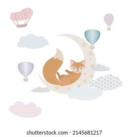 A cute little fox sleeps on a moon. Animal on the moon. Balloons and airship. Children's illustration, Cute print, vector. Isolated on a white background.