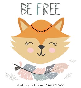 Cute little fox smiling face with graceful feather in the Scandinavian style. Inscription quote Be Free. Graphic design.