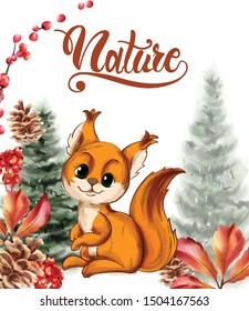 Cute little fox smiling vector. Wild berries, fig trees, autumn leaves. Forest animals idea