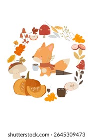 Cute Little Fox standing in Wreath with Autumn Plants and Cups. Vector Illustration