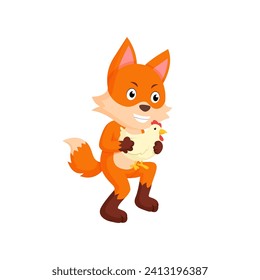 Cute Little Fox Stealing Chicken Cartoon Character. Fox Sneaking Vector Illustration