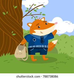 Cute little fox student in school uniform standing under the tree on the lawn with backpack vector illustration, design element for poster or banner