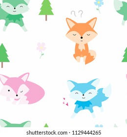 Cute little fox and tree seamless pattern. Fox cartoon style for fabric textile, wallpapers, web page backgrounds.