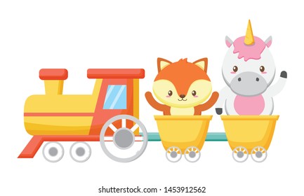 cute little fox and unicorn in train vector illustration design