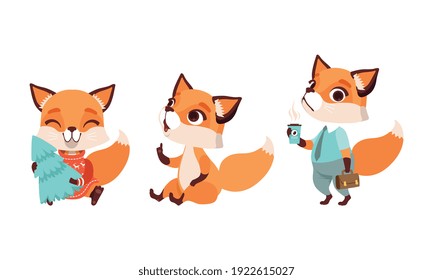 Cute Little Fox in Various Situations Set, Lovely Baby Animal Cartoon Character Vector Illustration