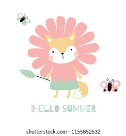 Cute little fox vector illustration. Hello summer card