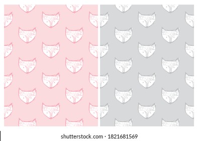 Cute Little Fox Vektorgrafik drucken. Funny Hand gezeichnet Nahtlose Vektormuster mit süßen kleinen Füchsen einzeln auf hellgrauem und pastellrosa Hintergrund. Holzpartei. Pastellfarben-Design.