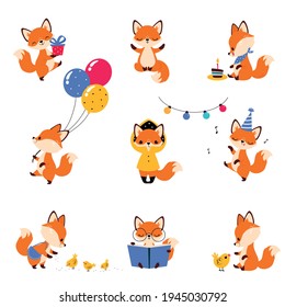 Cute Little Fox Walking with Balloons, Reading Book and Feeding Chicks Vector Set
