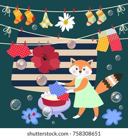 Cute little fox washes clothes. Vector illustration. Beautiful card with lovely animal, bubbles, poppy and daisy.