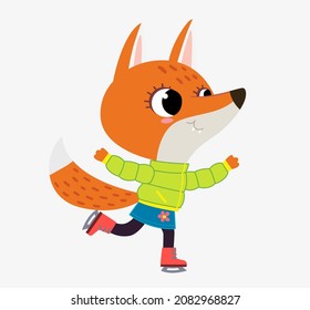 A cute little fox wearing a fancy clothes jacket and skirt skating on a frozen river. The foxy is having fun at the rink. Childish character illustration