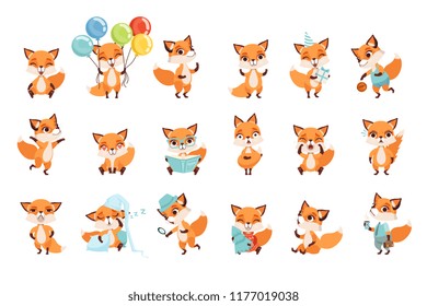 Cute little foxes showing various emotions and actions. Cartoon characters of forest animals. Flat vector design for mobile app, sticker, kids print, greeting card