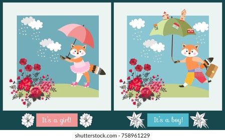  Cute little foxes with umbrellas. Baby shower invitation. happy birthday greeting card, template for patchwork. Vector summer design.