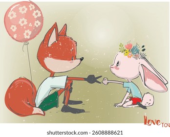 cute little foxy girl with a rabbit