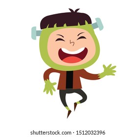 Cute little frankenstein kid vector cartoon character. Kid in halloween costume.