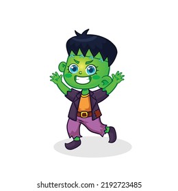 Cute little frankenstein kid vector cartoon character. Kid in halloween costume.