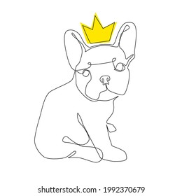 Pequeña y linda perrita francesa con una corona amarilla en la cabeza. Ilustración vectorial de un Bulldog francés en una línea continua sobre un fondo blanco aislado.