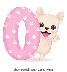 Cute Little French Bulldog and Pink number 0 illustration