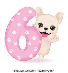 Cute Little French Bulldog and Pink number 6 illustration