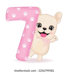 Cute Little French Bulldog and Pink number 7 illustration