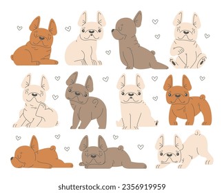 Cute kleine französische Bullhunde Cartoon lustige Welpen-Charakter in verschiedenen Positionen zeigen verschiedene Emotionen einzeln auf weißem Hintergrund. Kawaii charmantes Hundetierverhalten Vektorgrafik