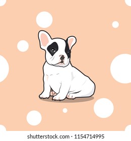 Cute Little Frenchie is sitting on the white dot-pink seamless pattern background. Is he looking for something?