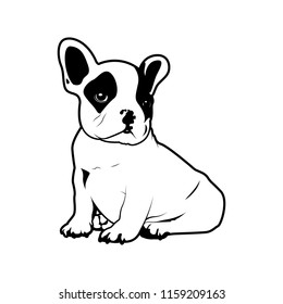 A cute little Frenchie is sitting on the ground. French bulldog logo symbol in black and white style. Vector illustration of a cute French Bulldog seated on the ground.