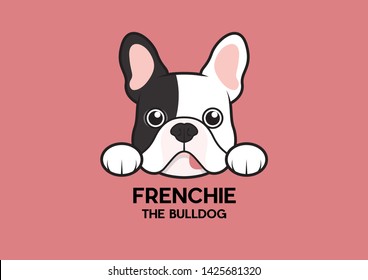 A cute little Frenchie is stuck to the edge of the table and waiting for some food. The brindle-pied French Bulldog Logo. This is the Frenchie Series in portrait photo style.