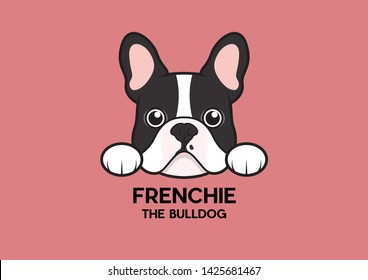 A cute little Frenchie is stuck to the edge of the table and waiting for some food. The brindle-pied French Bulldog Logo. This is the Frenchie Series in portrait photo style.