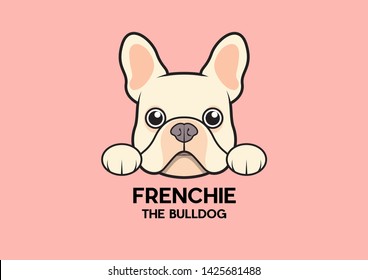 A cute little Frenchie is stuck to the edge of the table and waiting for some food. The brown-cream French Bulldog Logo. This is the Frenchie Series in portrait photo style.