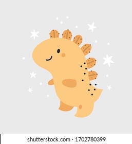 Cute little friendly dinosaur with stars on background. Childish cartoon vector illustration. Baby animal clip art in flat style. Ideal for poster, print, card, kids room decoration