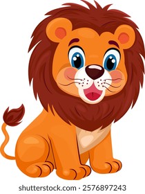 Cute little and friendly wild lion. Cute animal illustration for kids, books, web. Children cartoon of funny happy smiling character Vector design