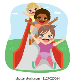 Cute little friends kids having fun on slide playground together at park