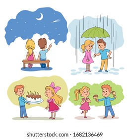 Cute little friends spending time together scene set. Boy and girl children character looking at starry night sky, standing under umbrella during rain, eating ice cream and cake. Vector illustration