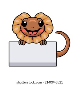 Cute little frilled lizard cartoon with blank sign