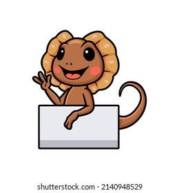 Cute little frilled lizard cartoon with blank sign