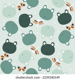 Cute little frog, butterflies and dragonflies seamless pattern. Kids summer print. Vector hand drawn illustration.