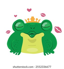 cute little frog with crown with kissing mouth, frog shaped prince, vector illustration.