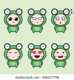 Cute little frog ekspression sticker set, funny frog for mascot logo vector illustration