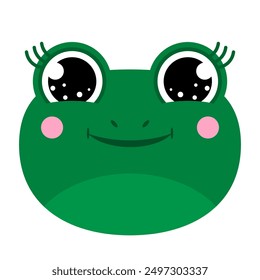 Cute little frog face with pink blush. Kid's green frog illustration in flat style. Isolated on white background. Vector clip art for stickers, cards, design and printing.