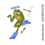 Cute little frog in high boots drinks alcohol cocktail. Happy green toad holds glass of beverage, celebrates holidays. Funny froggy with dragonfly relaxes. Flat isolated vector illustration on white