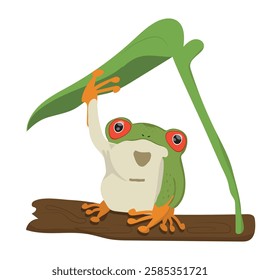 cute little frog holding a leaf, vector illustration.