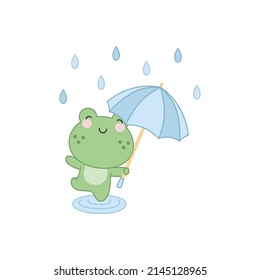 A cute little frog jumping through the puddles with a blue umbrella in the rain.