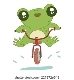 Cute little frog on bicycle vector cartoon illustration isolated on a white background.