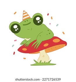 Cute little frog on mushroom vector cartoon illustration isolated on a white background.